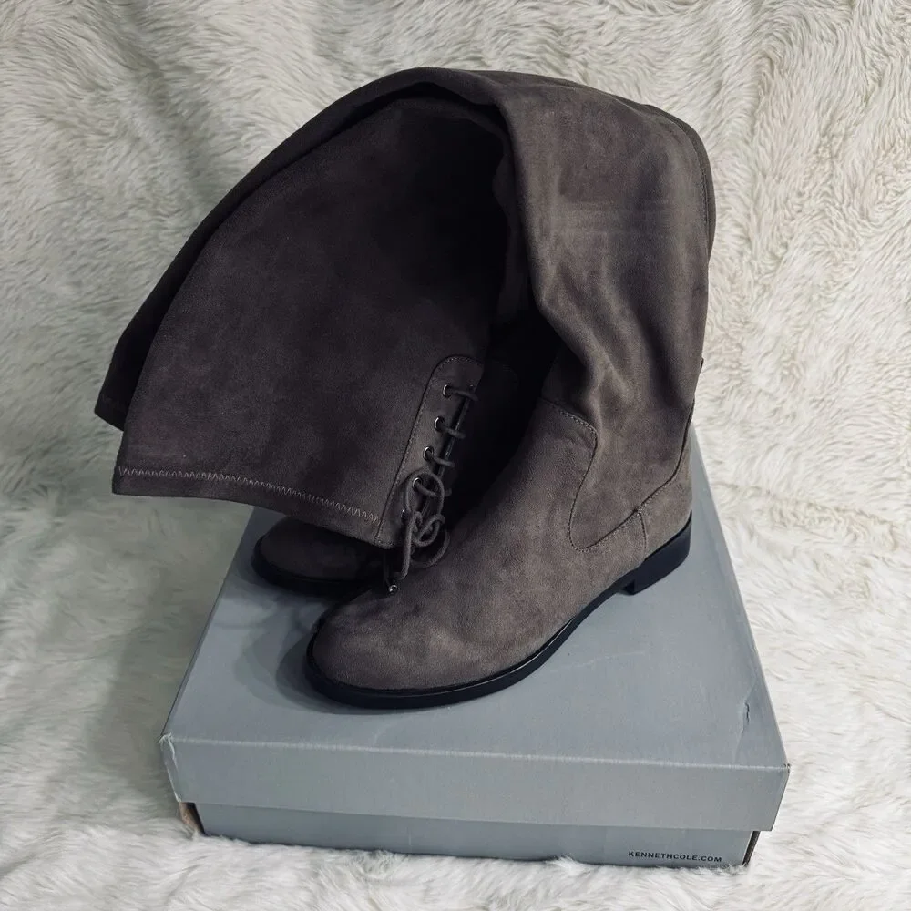 Kenneth Cole Reaction Wind Chime Boots 6.5 Womens Dark Mushroom Brown Knee Tie